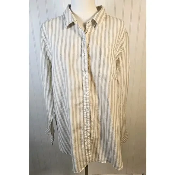 L.L Bean 100% Linen Striped Button Down Shirt Women's Size L Nautical Preppy - Picture 1 of 13
